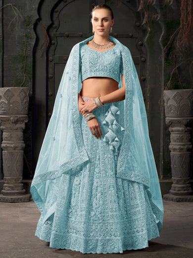 Precious Sky - Blue Zarkan Net Bridesmaid Lehenga Choli With Dupatta - Ethnic Plus In
